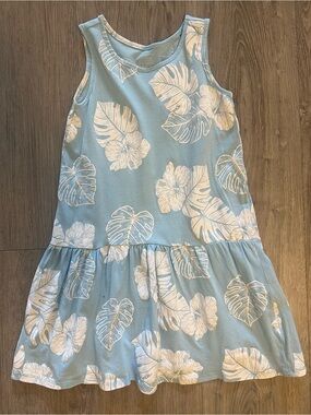 George Light Blue Tank Dress with White Tropical Leaf Print